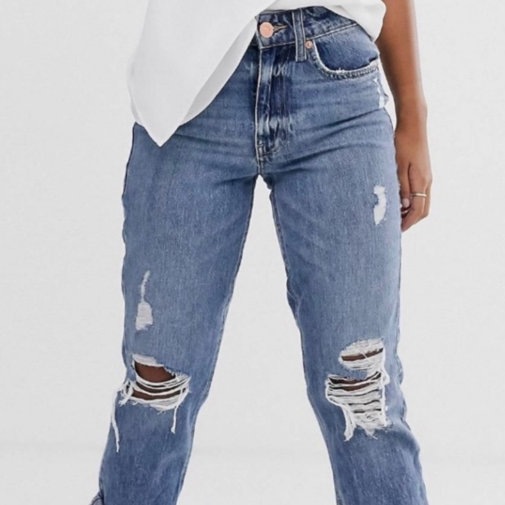 ASOS Petite Distressed Boyfriend Jeans in Medium Blue